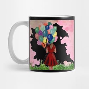 Red Dress and Colorful Balloons Mug